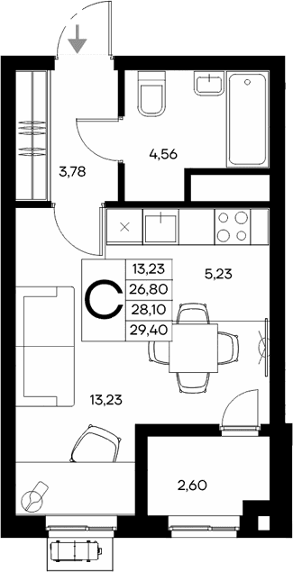 Студия, 26.8 м²