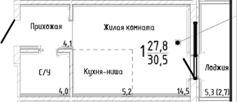 Студия, 27.8 м²