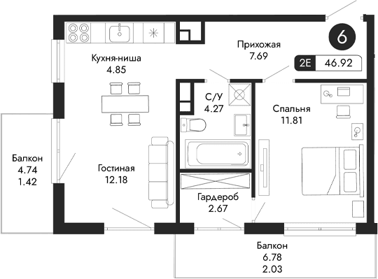 2-комн., 43.47 м²