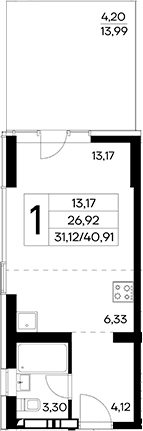 Студия, 36.71 м²