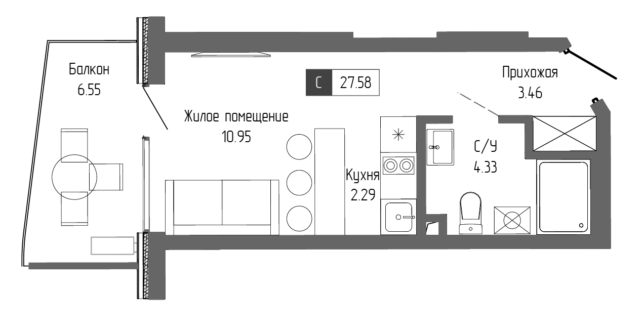 Студия, 21.03 м²