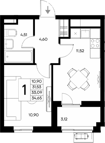 1-комн., 31.53 м²