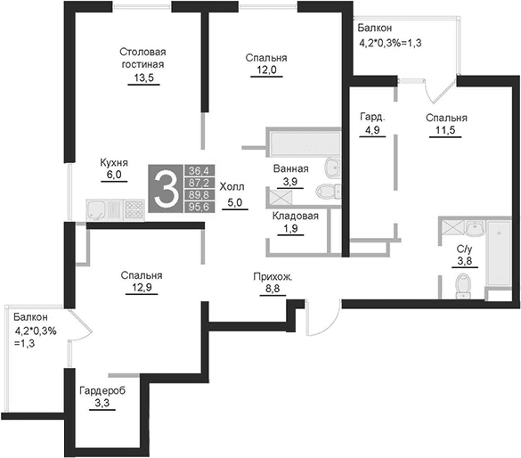 3-комн., 87.2 м²