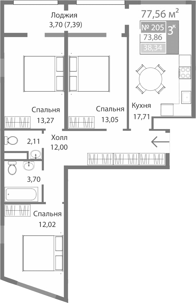 3-комн., 73.86 м²