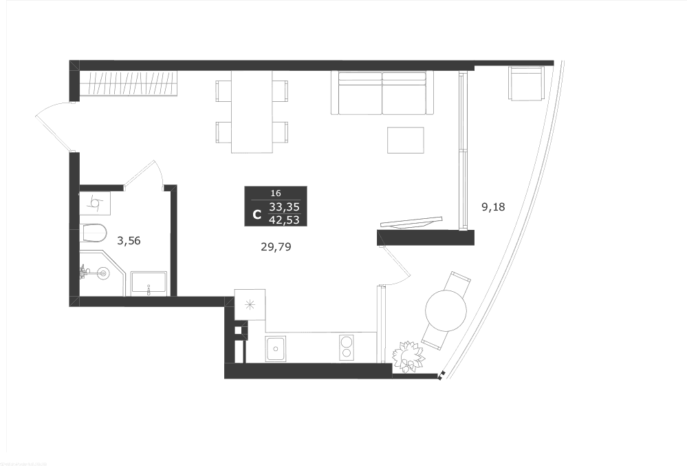 Студия, 33.35 м²