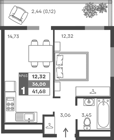 1-комн., 33.56 м²