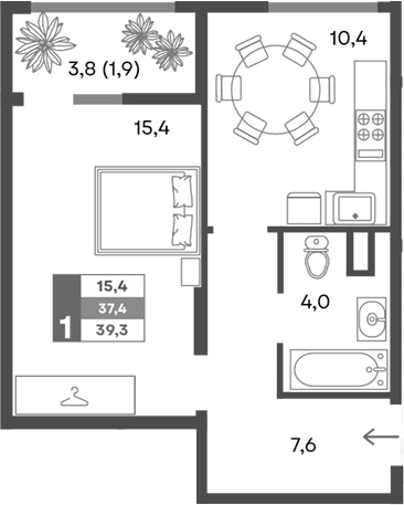 1-комн., 37.4 м²