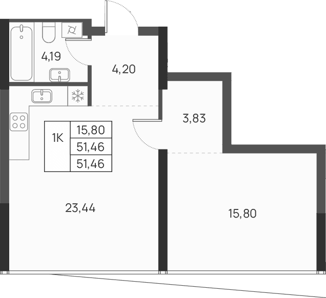 1-комн., 51.46 м²
