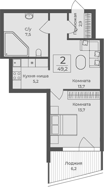 1-комн., 43 м²