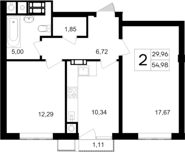 2-комн., 53.87 м²