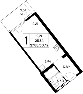 Студия, 27.88 м²