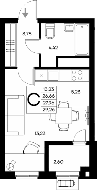 Студия, 26.66 м²