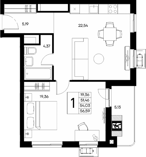 1-комн., 51.46 м²