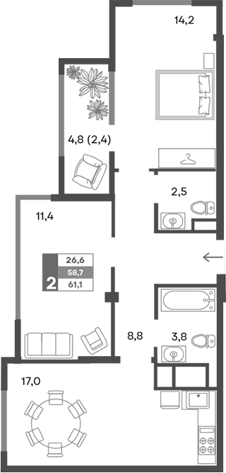 3-комн., 58.7 м²