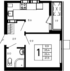 1-комн., 25.4 м²