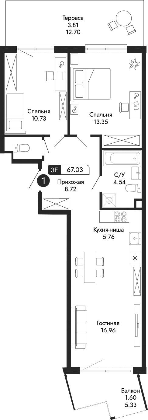 3-комн., 61.62 м²