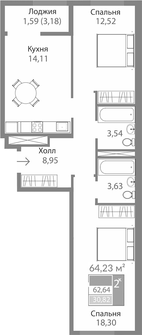 2-комн., 61.05 м²