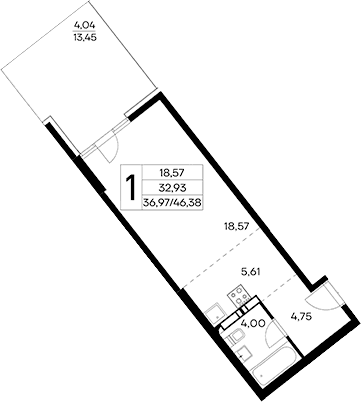 Студия, 42.34 м²