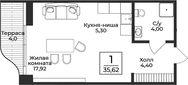 Студия, 31.62 м²