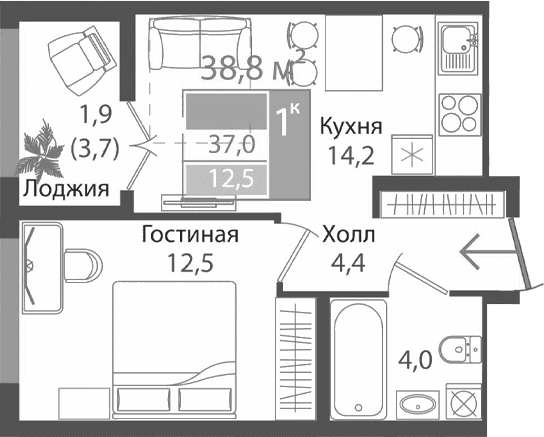 2-комн., 35.1 м²