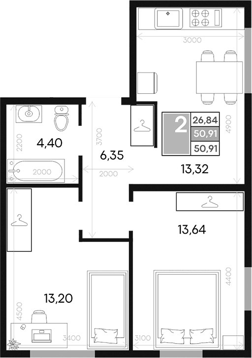 2-комн., 50.91 м²