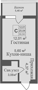 Студия, 25.04 м²