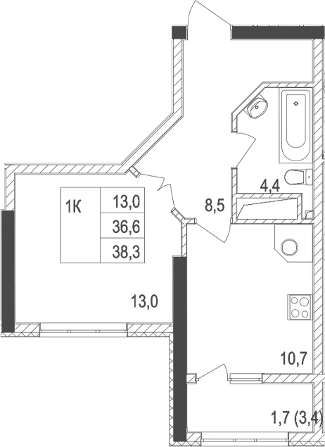 1-комн., 36.6 м²