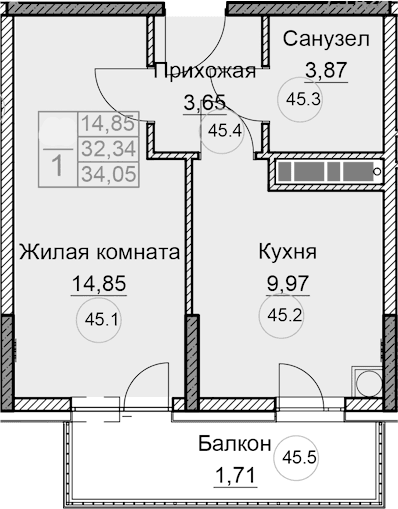 1-комн., 32.34 м²