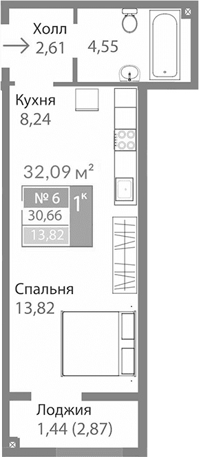 Студия, 29.22 м²