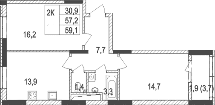 2-комн., 57.2 м²