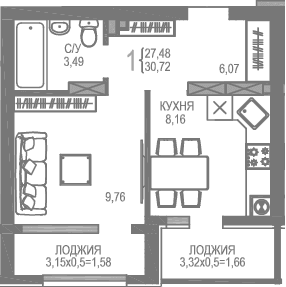 1-комн., 27.48 м²