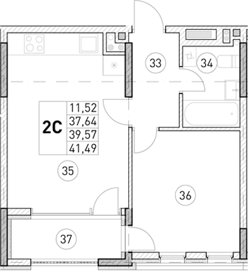 1-комн., 37.64 м²