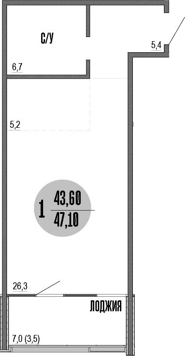 Студия, 43.9 м²