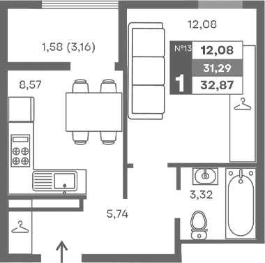 1-комн., 29.71 м²