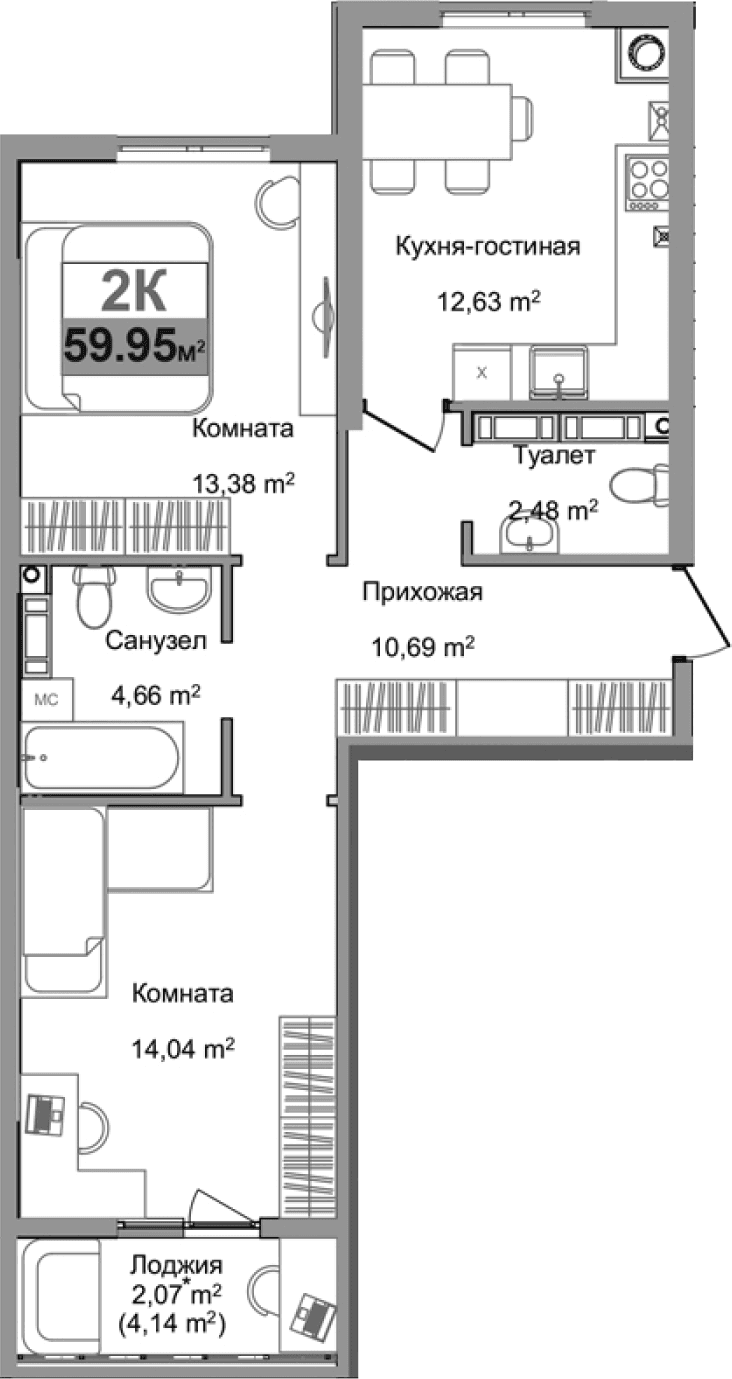 2-комн., 57.88 м²