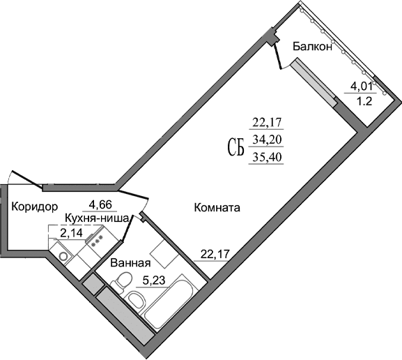 Студия, 34.5 м²