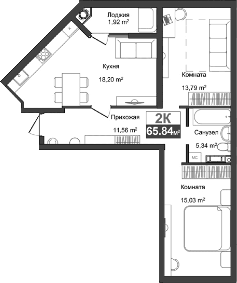 2-комн., 63.92 м²