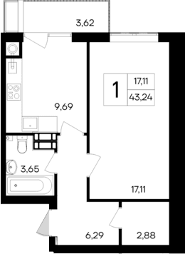 1-комн., 39.62 м²