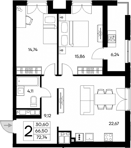 2-комн., 66.5 м²