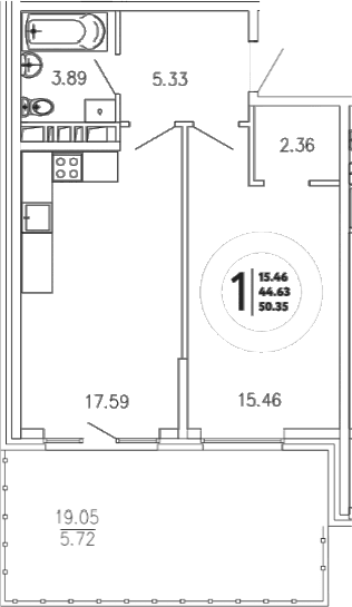 1-комн., 44.63 м²