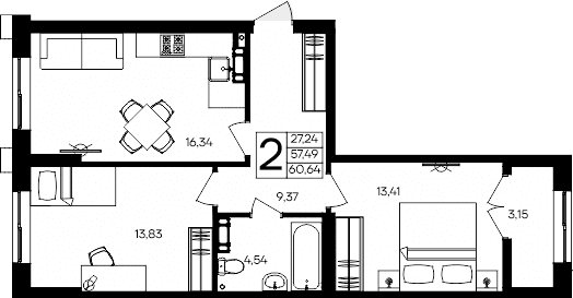 2-комн., 57.49 м²