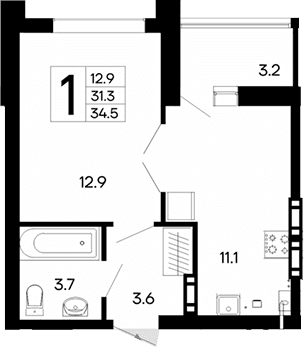1-комн., 31.3 м²