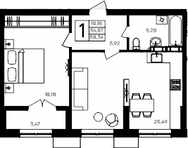 1-комн., 54.87 м²