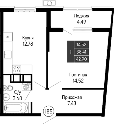 1-комн., 38.41 м²