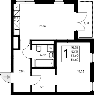 1-комн., 52.31 м²