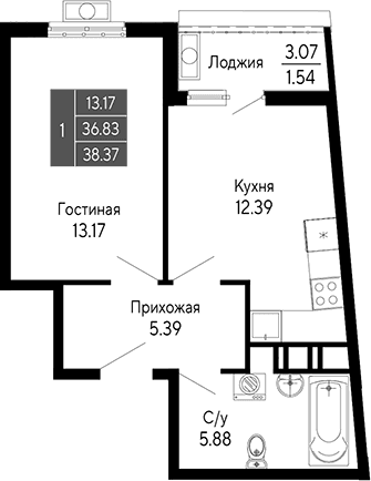 1-комн., 36.83 м²