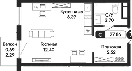 Студия, 27.17 м²