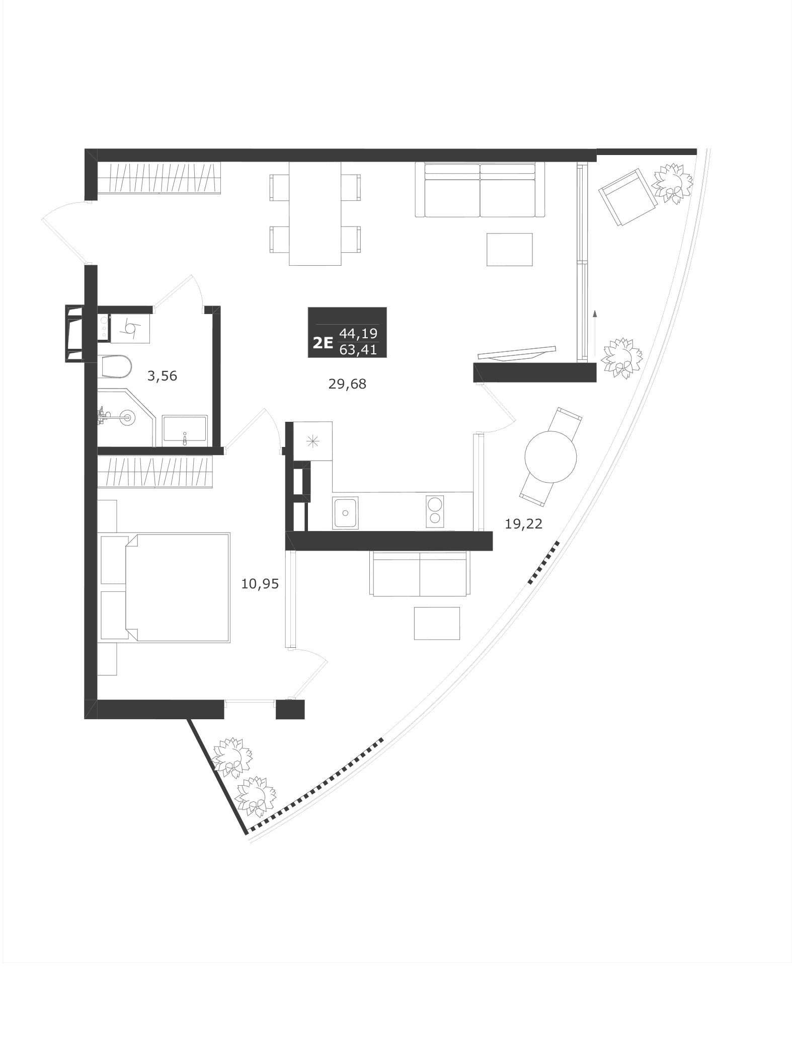 Студия, 44.19 м²
