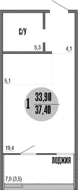 Студия, 34.2 м²
