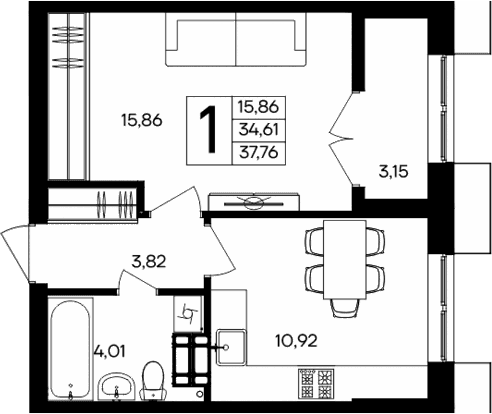 1-комн., 34.61 м²